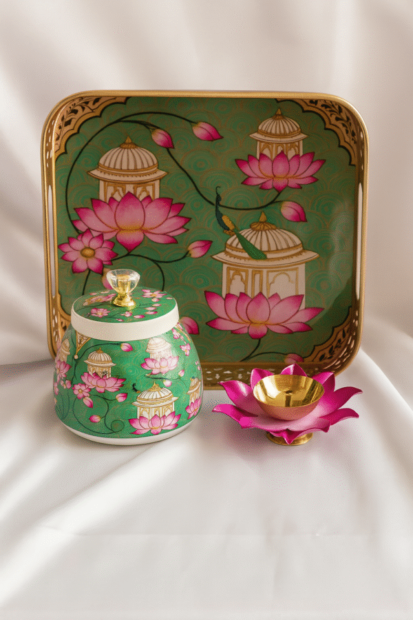 Handcrafted Green Floral Square Metal Pichwai Tray Set - Image 3