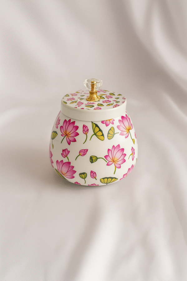 Handcrafted Pink Floral Square Metal Pichwai Tray Set - Image 6