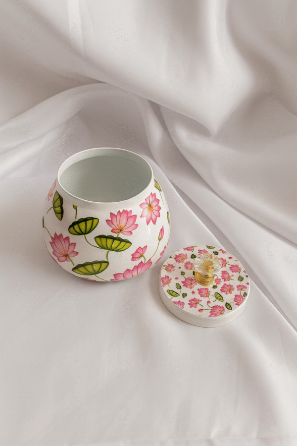 Handcrafted Pink Floral Square Metal Pichwai Tray Set - Image 5