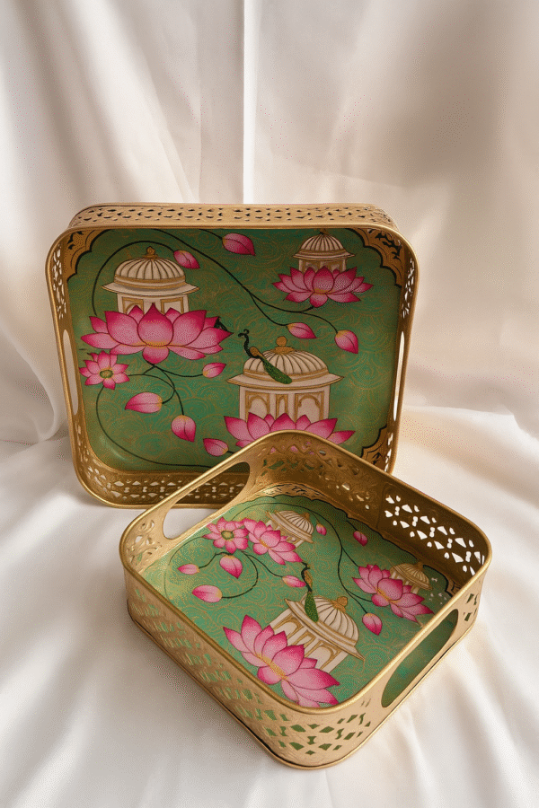 Handcrafted Green Floral Square Metal Pichwai Tray Set - Image 2