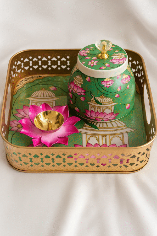 Handcrafted Green Floral Square Metal Pichwai Tray Set