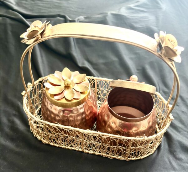 Copper-Coated Hammered Jars with Metal Mesh Basket – Set of 2 - Image 3