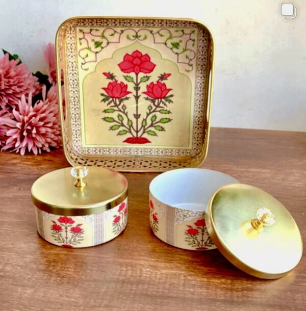 Handcrafted Floral Square Metal Tray Set - Image 2