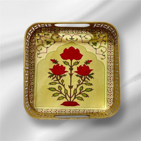 Handcrafted Floral Square Metal Tray Set - Image 3