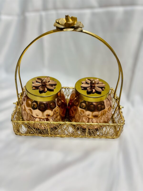 Copper-Coated Hammered Jars with Metal Mesh Basket – Set of 2 - Image 2