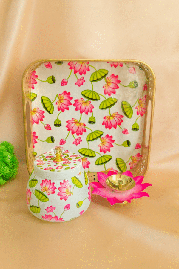 Handcrafted Pink Floral Square Metal Pichwai Tray Set - Image 3