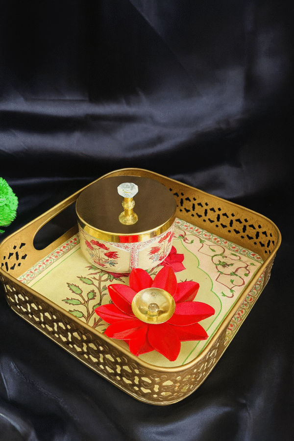 Handcrafted Floral Square Metal Tray Set