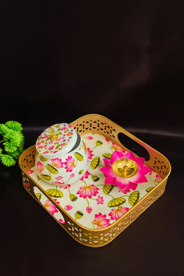 Handcrafted Pink Floral Square Metal Pichwai Tray Set - Image 2