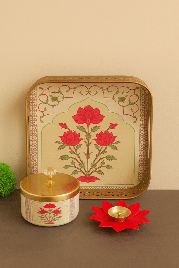 Handcrafted Floral Square Metal Tray Set - Image 7