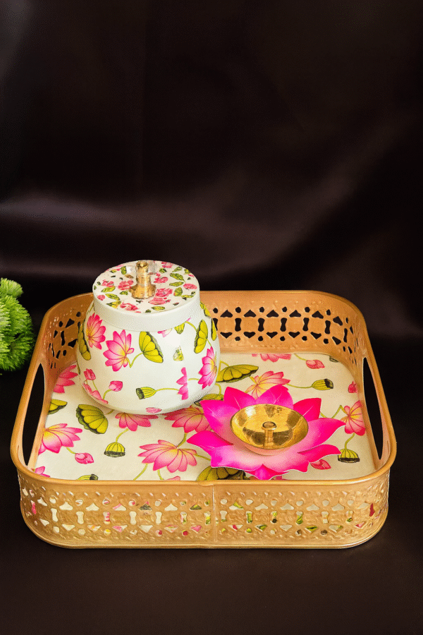 Handcrafted Pink Floral Square Metal Pichwai Tray Set