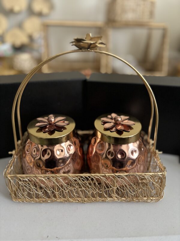 Copper-Coated Hammered Jars with Metal Mesh Basket – Set of 2